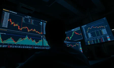 A trading desk monitor showing Binance futures charts for oil and gas commodities.