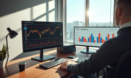 Analyst monitors Bitcoin ETF inflow data and flat BTC price chart on dual screens.