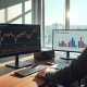 Analyst monitors Bitcoin ETF inflow data and flat BTC price chart on dual screens.