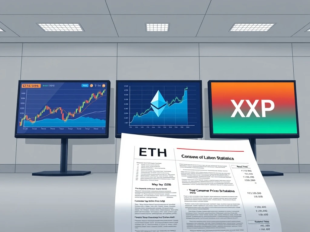 Bitcoin, Ethereum, and XRP price charts displayed on screens ahead of the critical May 2026 U.S. CPI inflation report.