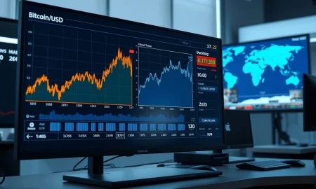 Live financial data charts for Bitcoin, NIFTY 50, and oil prices on a trading desk during March 9, 2026 market news.