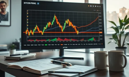 Analyst reviewing Bitcoin price chart showing an extended period of consolidation on a monitor.