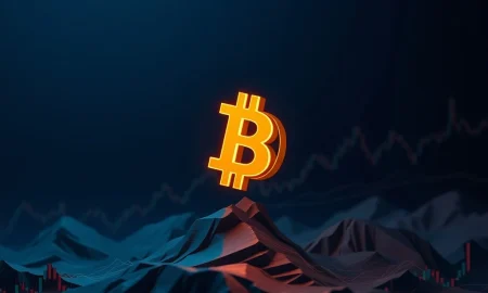 Bitcoin symbol poised above financial charts illustrating the critical support test and potential price drop.