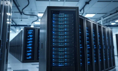 Secure server room representing BlackBerry's cybersecurity business and stock performance.