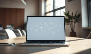 Laptop displaying a network graph representing Bluesky's decentralized social network.