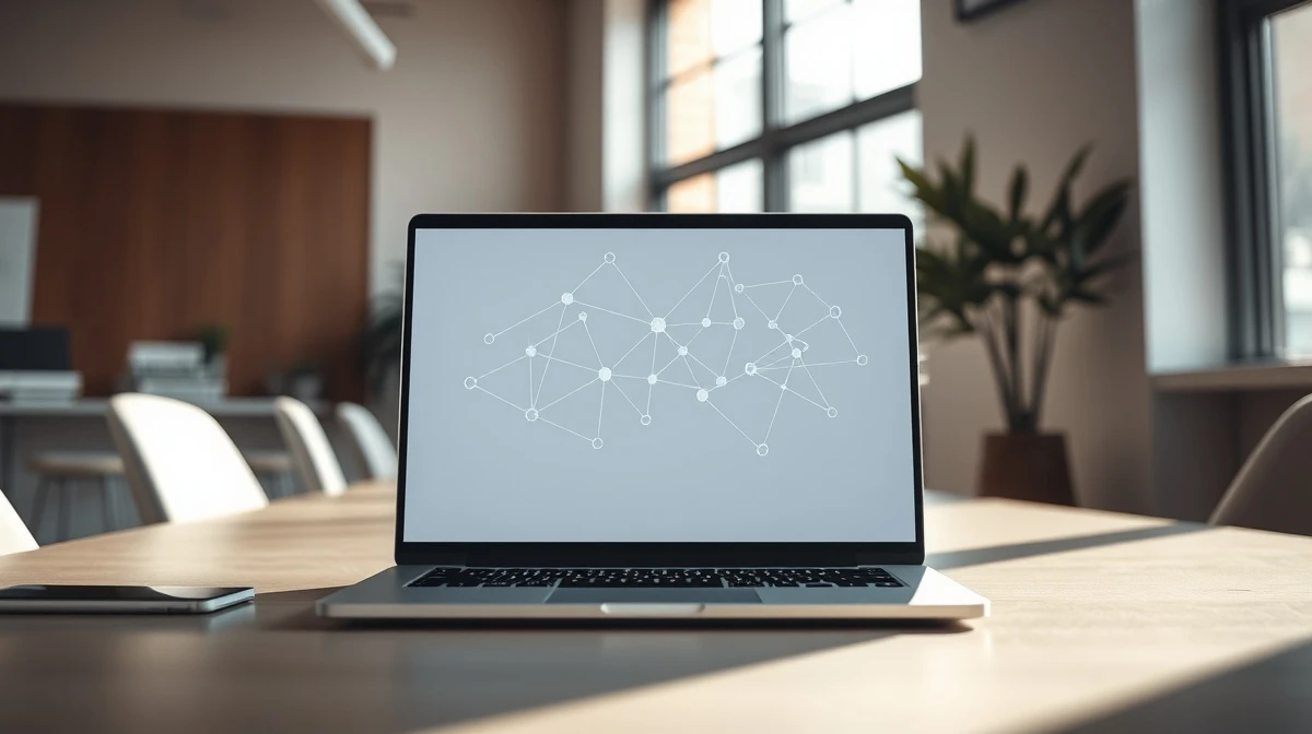Laptop displaying a network graph representing Bluesky's decentralized social network.