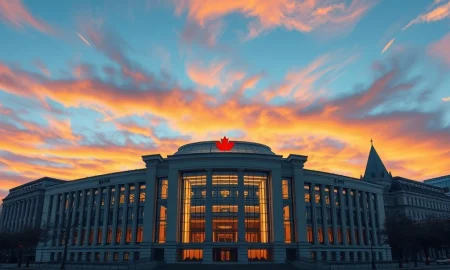 Bank of Canada headquarters in Ottawa as central bank holds front-end rates steady amid geopolitical conflict.