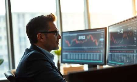 Financial analyst reviewing bond market data and ETF performance charts on computer monitors.