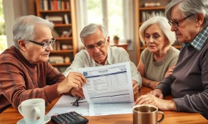 Senior adults reviewing Social Security benefit statements to strategize income increases for retirement planning.