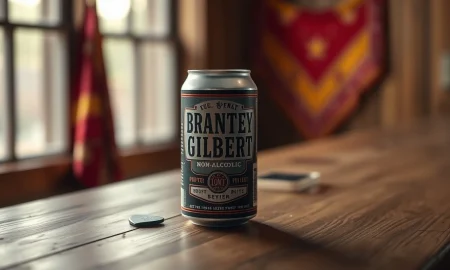 A can of Brantley Gilbert's new non-alcoholic beer on a rustic bar top.
