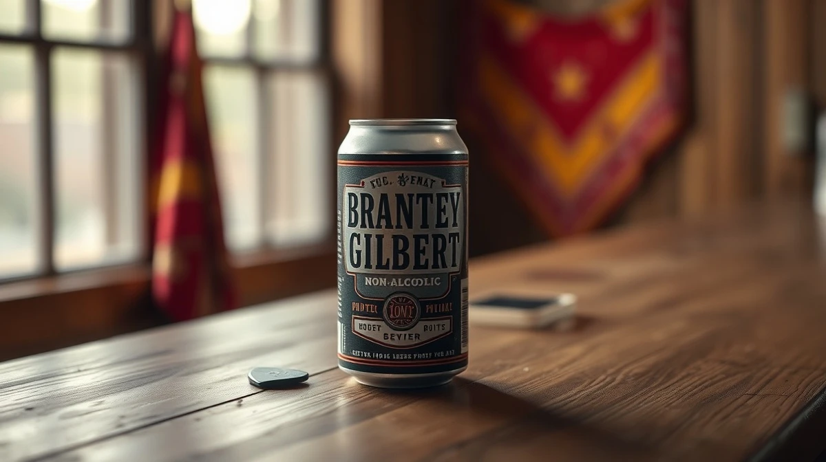 A can of Brantley Gilbert's new non-alcoholic beer on a rustic bar top.