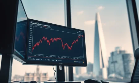 Bloomberg Terminal displaying Brent crude oil price chart analysis in a London trading room, reflecting MUFG policy impact report.