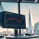 Bloomberg Terminal displaying Brent crude oil price chart analysis in a London trading room, reflecting MUFG policy impact report.