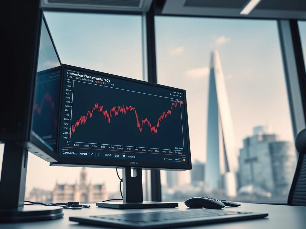 Bloomberg Terminal displaying Brent crude oil price chart analysis in a London trading room, reflecting MUFG policy impact report.