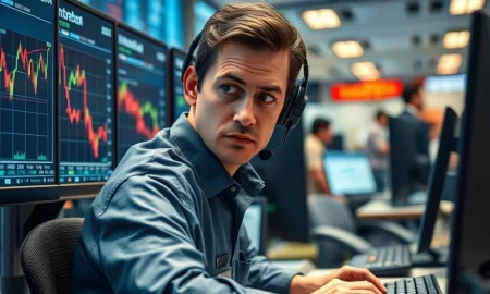 Trader monitors Brent crude oil price volatility on trading floor following conflict headlines