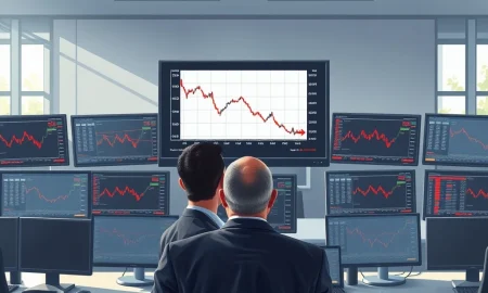 Financial trading desk showing BrightView Holdings stock chart with oversold RSI indicator