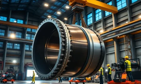 Broadwind Energy manufacturing facility producing wind turbine components during evening operations