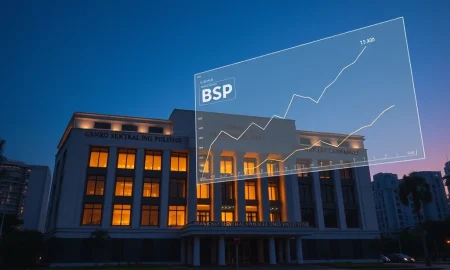 BSP headquarters in Manila with inflation and oil price charts illustrating monetary policy challenges