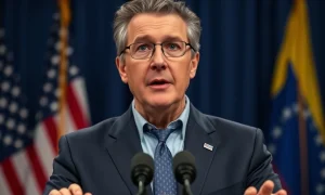 Governor Doug Burgum discusses US-Venezuela relations and energy costs at a press briefing.