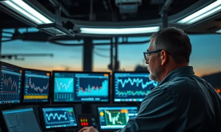 Cameco uranium mining facility control room with market data screens.