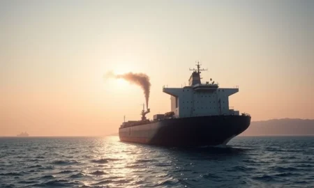 Cargo ship struck in the Strait of Hormuz showing damage during regional conflict.