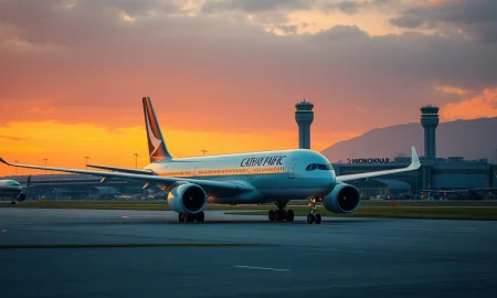 A Cathay Pacific aircraft at Hong Kong airport as analysts raise the stock's price target.