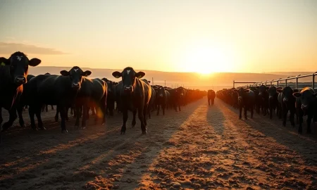Cattle feedlot at sunrise on March 6, 2026, representing the live and feeder cattle commodity markets.