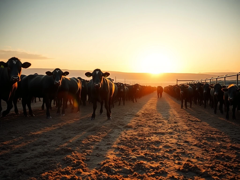 Cattle feedlot at sunrise on March 6, 2026, representing the live and feeder cattle commodity markets.