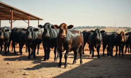 Cattle futures market analysis showing livestock under pressure in feedlot setting.