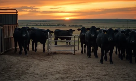 Cattle futures market analysis with livestock in feedlot setting during March 2026 price decline
