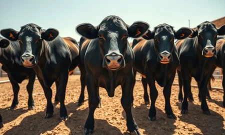 Cattle futures market analysis showing livestock in commercial feedlot setting