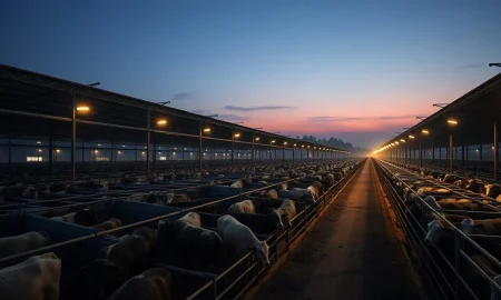 Cattle in a feedlot with commodity market data overlay showing futures prices.