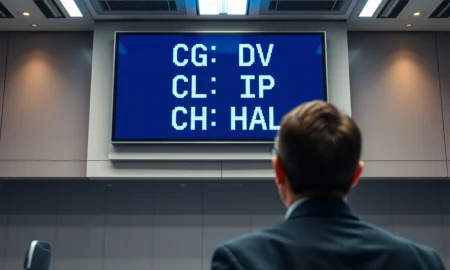 Financial analyst monitors stock ticker showing CGDV, RCL, IP, HAL ETF and stock symbols.