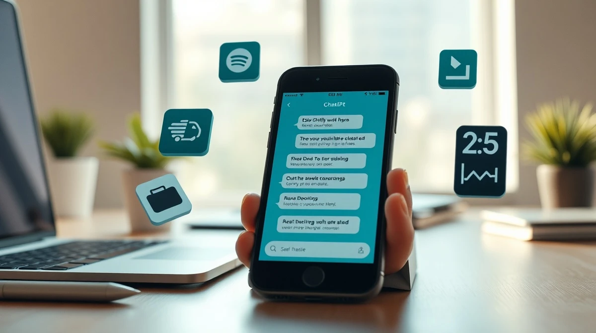 Smartphone showing ChatGPT interface with integrated app icons for Spotify, DoorDash, and Uber.