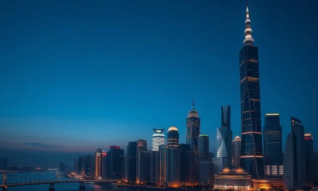 China economic growth forecast showing Shanghai financial district skyline at dusk representing economic analysis