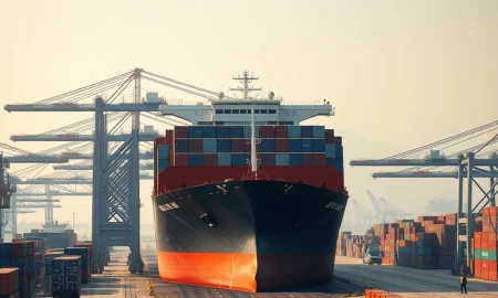 Container ship at Chinese port symbolizing export resilience amid Middle East geopolitical risks.