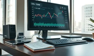 Analyst's desk with charts showing China fiscal data and oil price volatility.