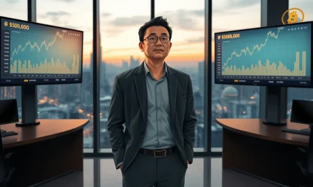 Chinese cryptocurrency investor analyzing Bitcoin price prediction of $500,000 in Shanghai financial district