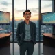 Chinese cryptocurrency investor analyzing Bitcoin price prediction of $500,000 in Shanghai financial district