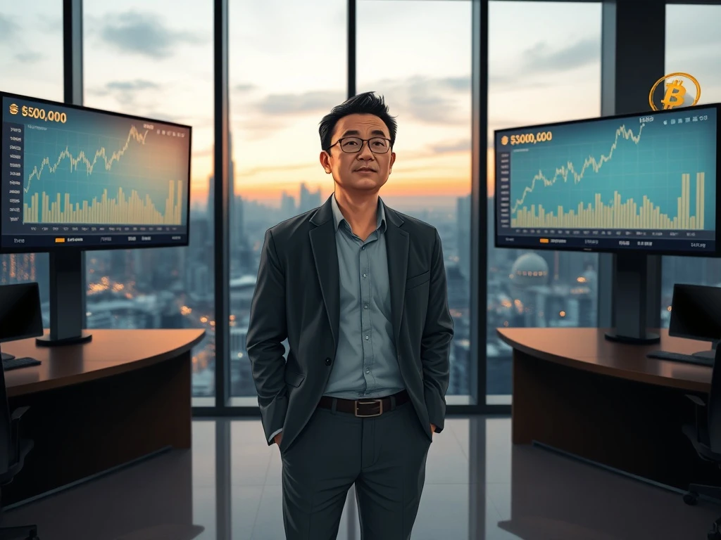 Chinese cryptocurrency investor analyzing Bitcoin price prediction of $500,000 in Shanghai financial district
