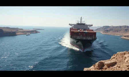 A large container ship transits the narrow Strait of Hormuz, a key global oil shipping lane.
