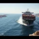 A large container ship transits the narrow Strait of Hormuz, a key global oil shipping lane.