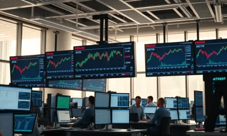 Stock market monitors showing rising charts during a rally led by chip and travel stocks.
