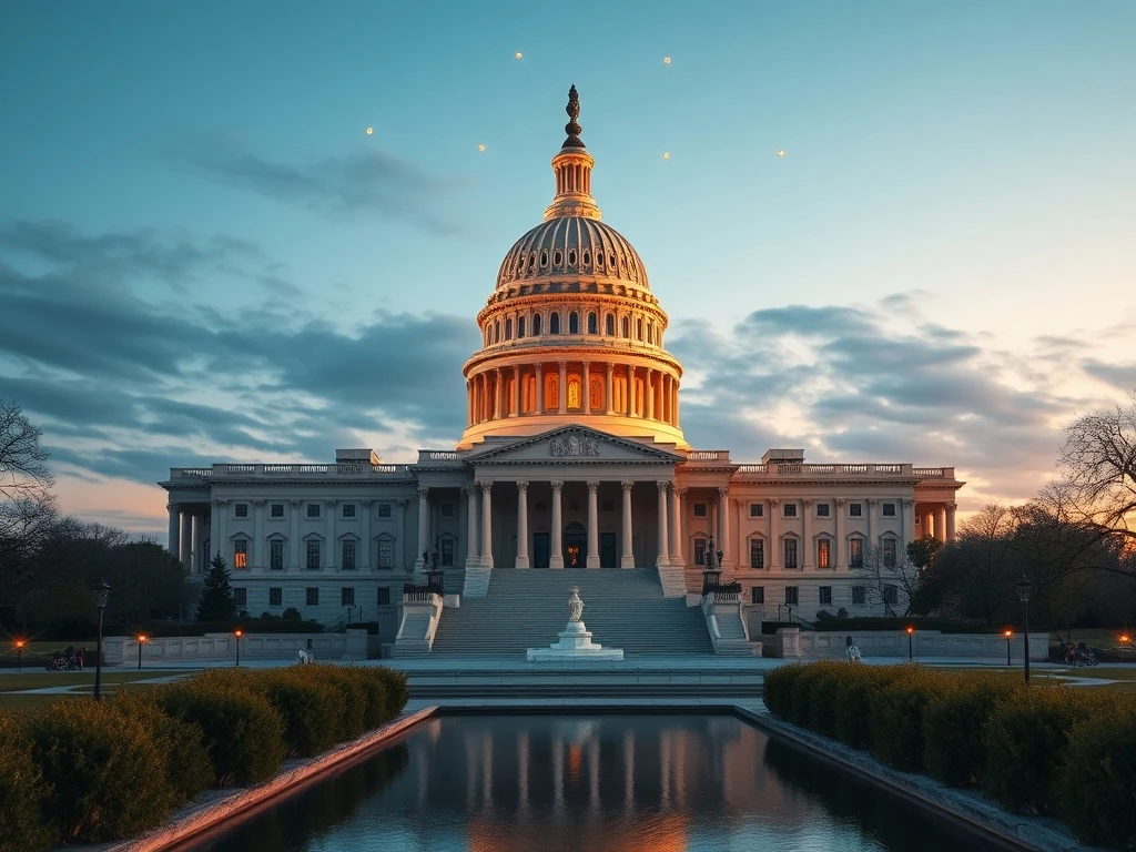 The U.S. Capitol with a blockchain network overlay symbolizing the Clarity Act's impact on cryptocurrency regulation.
