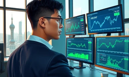 Financial analyst in Shanghai reviews data charts showing CNY gains supported by China's inflation recovery.