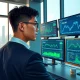 Financial analyst in Shanghai reviews data charts showing CNY gains supported by China's inflation recovery.