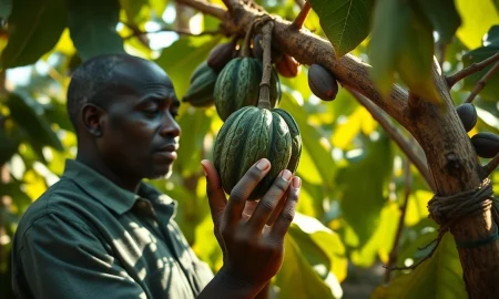 A cocoa farmer in West Africa inspects pods as futures prices decline.