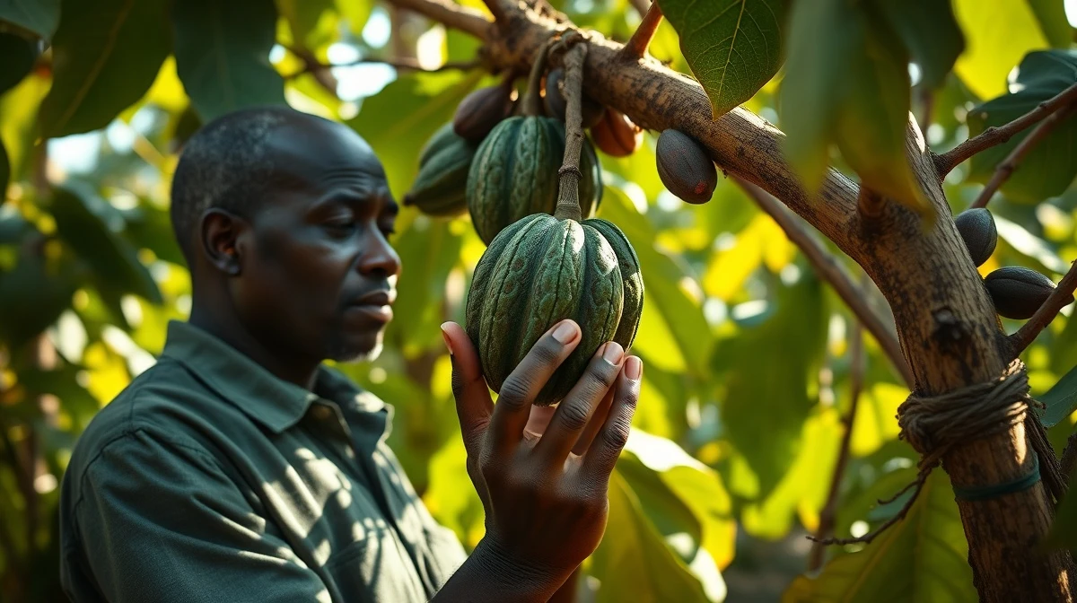 A cocoa farmer in West Africa inspects pods as futures prices decline.