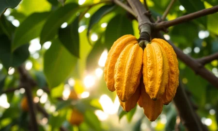 Cocoa pods on a tree in a plantation, representing global cocoa commodity markets.
