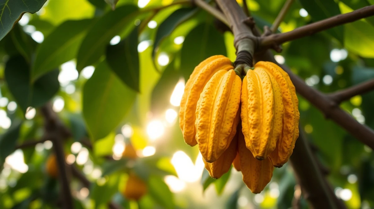 Cocoa pods on a tree in a plantation, representing global cocoa commodity markets.